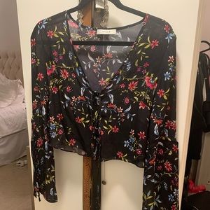 Milly Navysilk chiffon floral bell sleeve top sz S